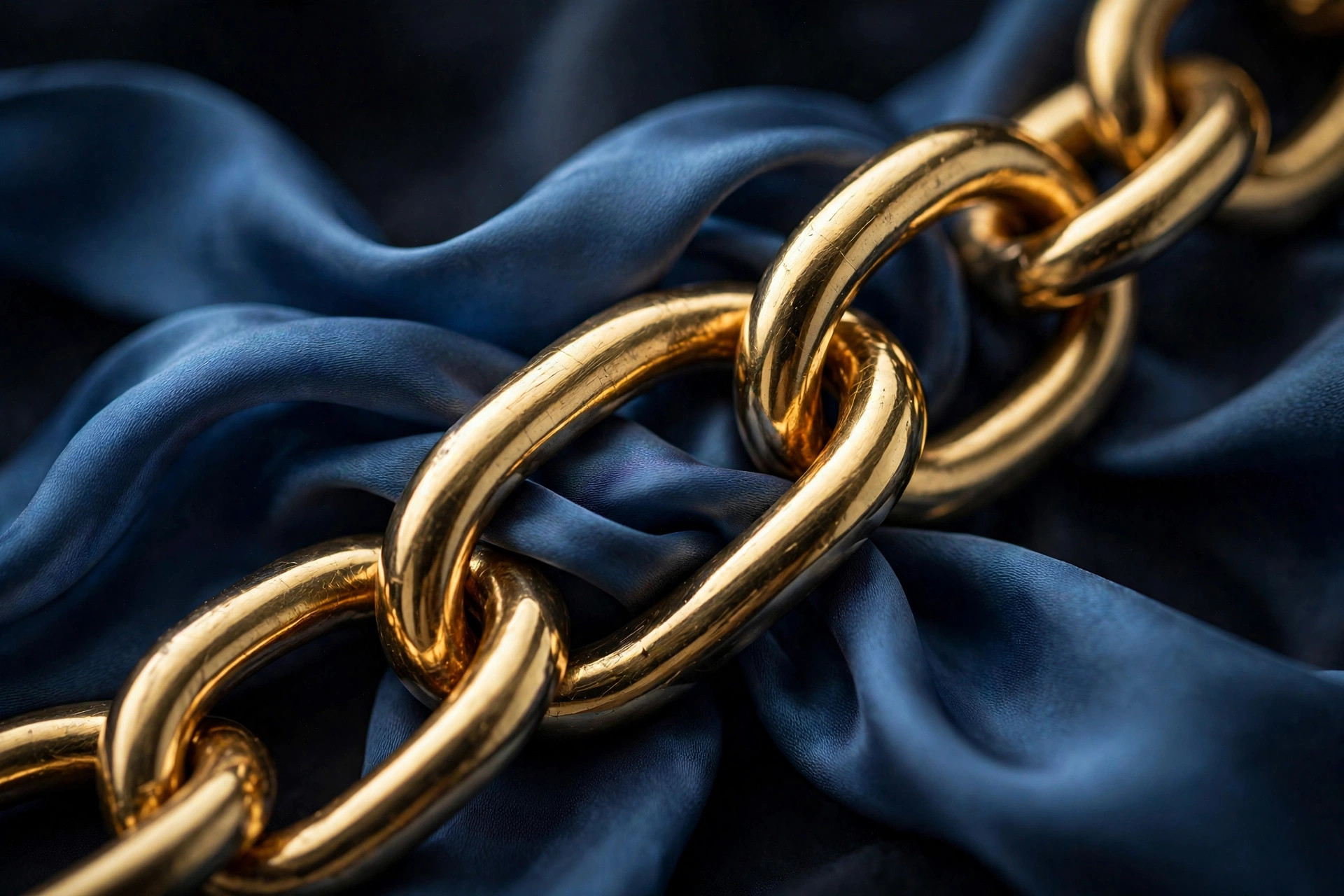Golden chain links woven with blue silk